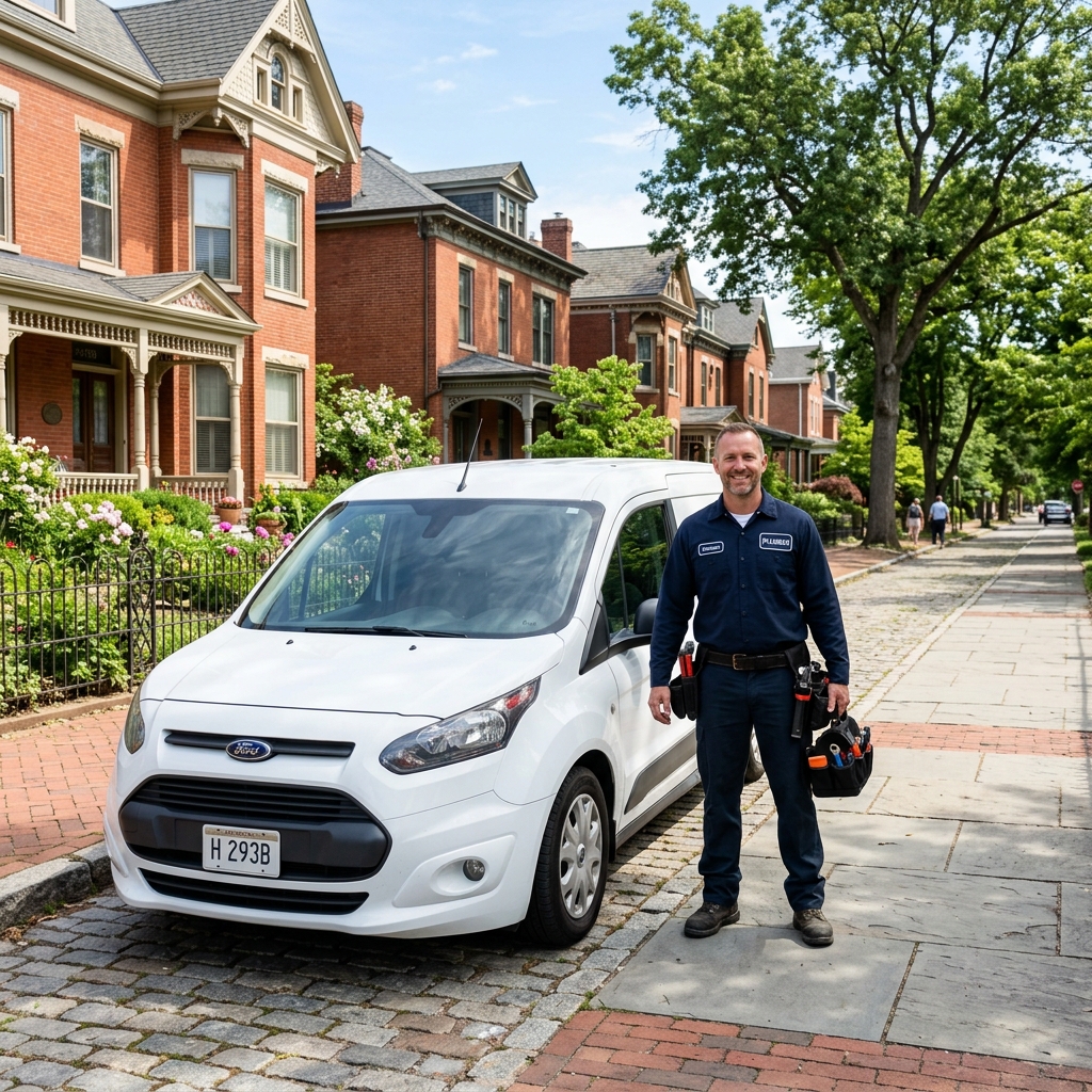 A professional plumber in uniform standing next to a clean, unmarked white service van parked in a historic residential neighborhood in Ypsilanti.