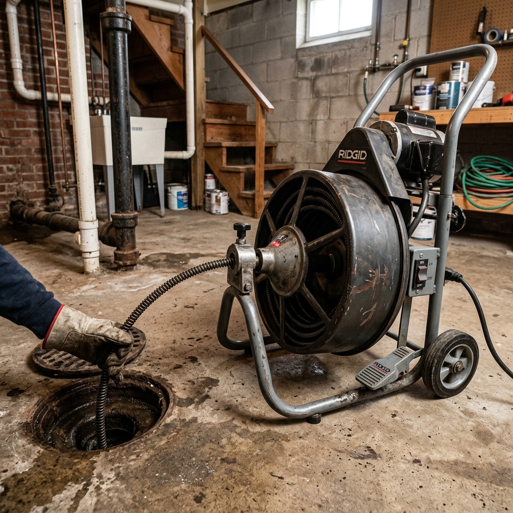 A professional heavy-duty drum style drain cleaning cable machine next to a residential basement floor drain